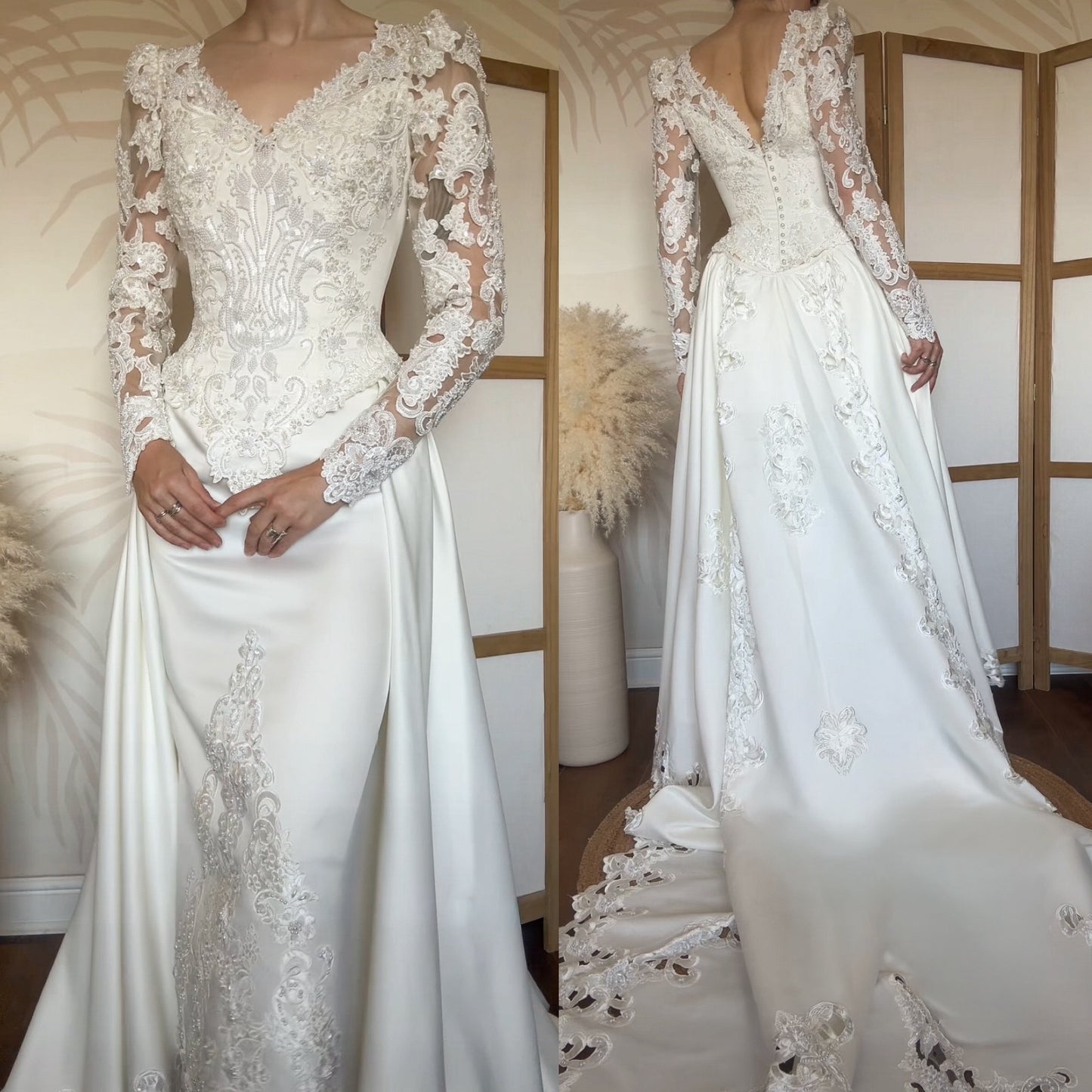 Long sleeve ivory lace wedding dress with detachable train uk 8-10