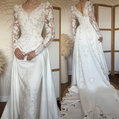Long sleeve ivory lace wedding dress with detachable train uk 8-10