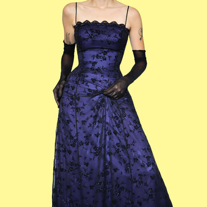 Purple glittery floral beaded evening prom dress UK 14