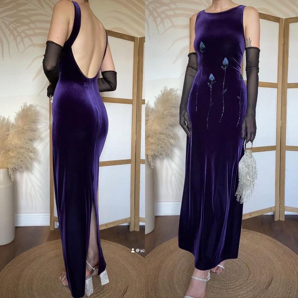 Scene purple velvet stretch evening dress uk 14-16