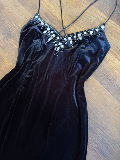 Black velvet stretch 90s evening dress uk 12