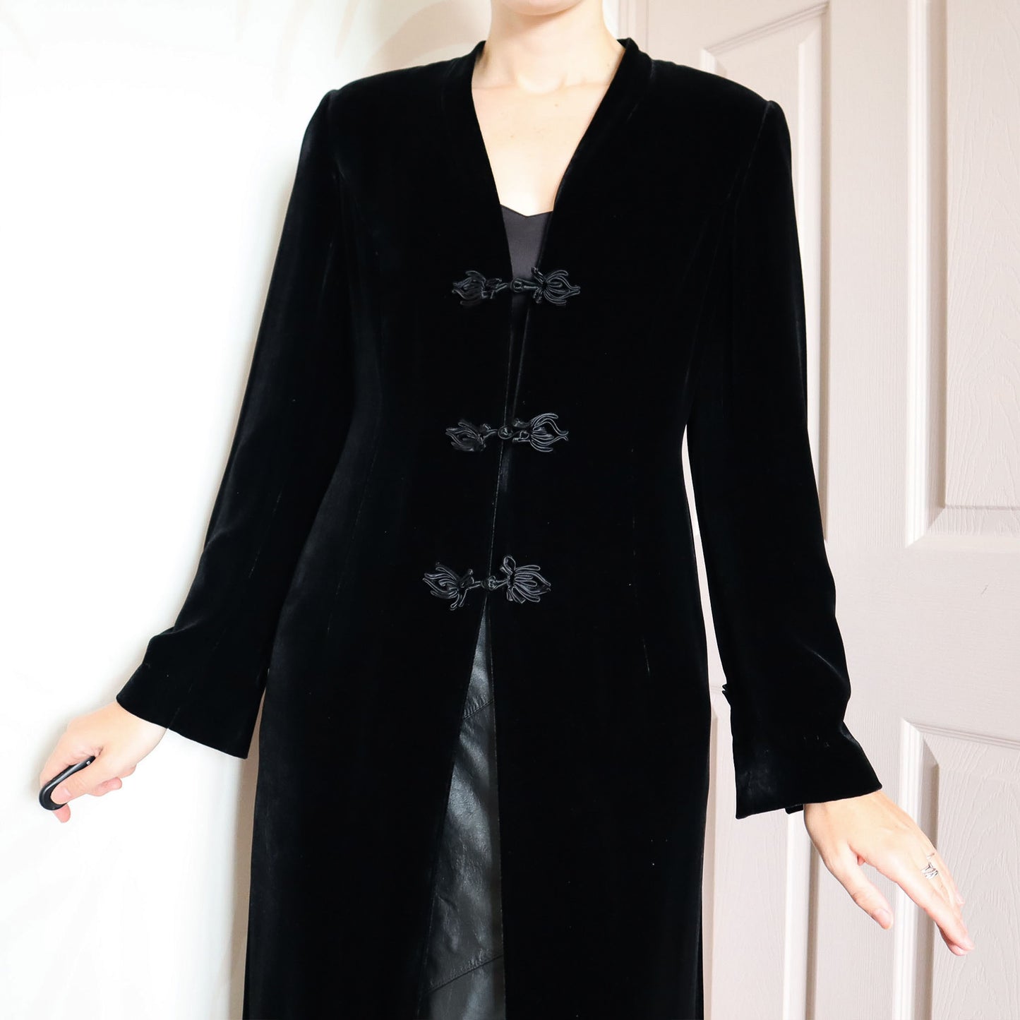 Black silk blend velvet long jacket UK 12