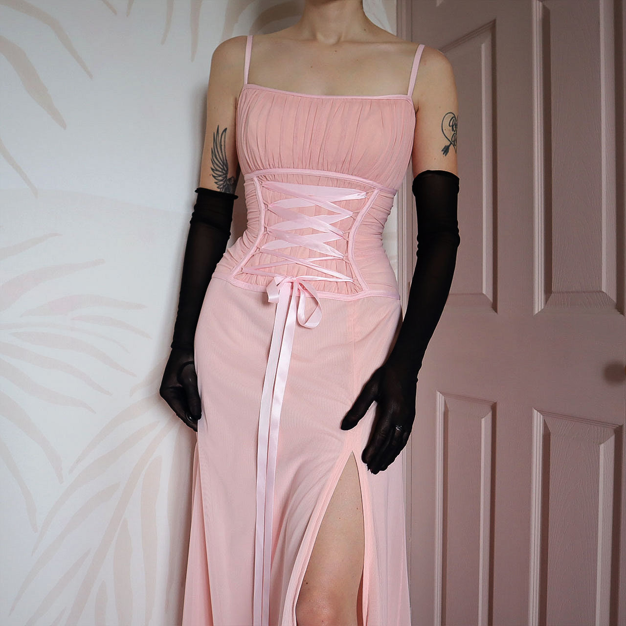 Designer Tadashi vintage pink lace up evening gown UK 10