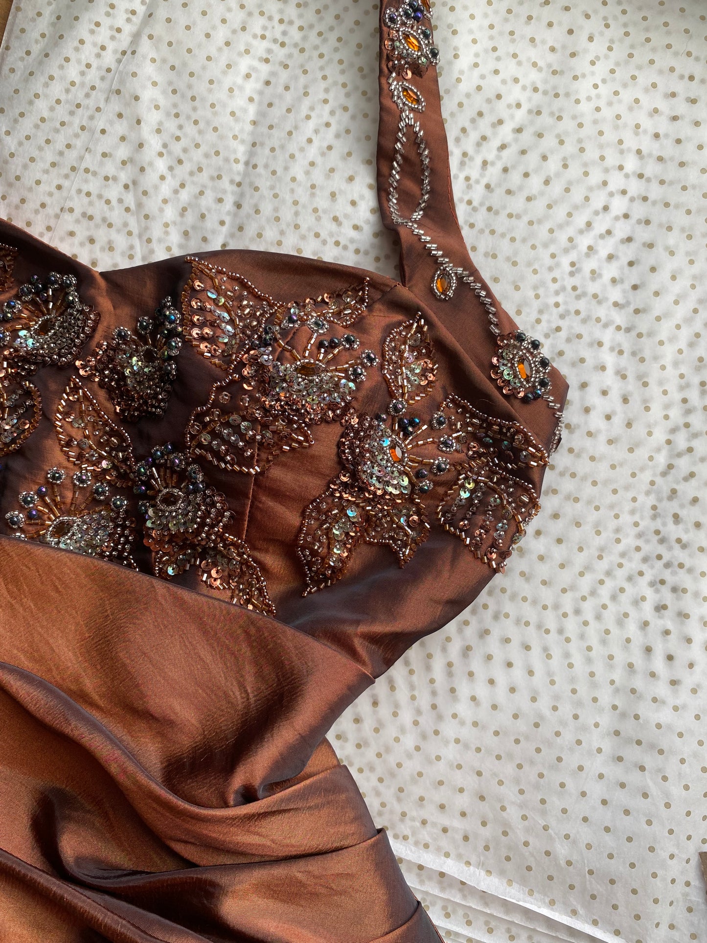 Warm brown halterneck a line beaded prom dress uk 8-10