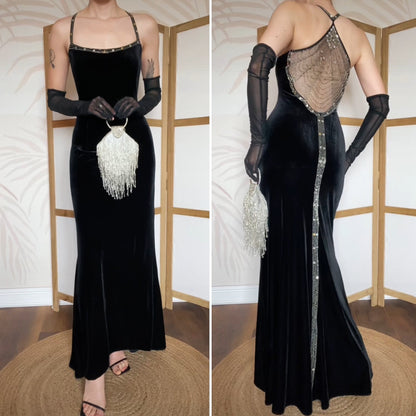 Black velvet beaded 90s evening dress uk 14