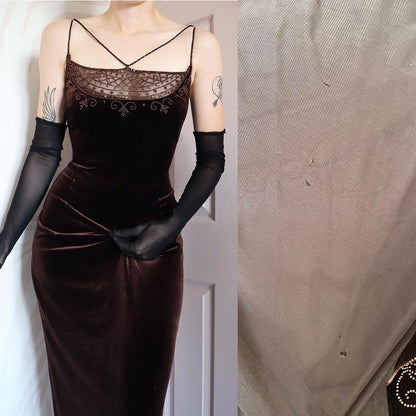 Vintage 90s Dave & Johnny Brown Velvet Beaded Evening Gown UK Size 16