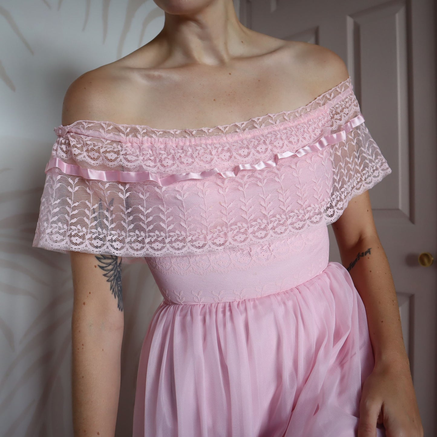 Baby pink 70s lace off shoulder dress UK 8