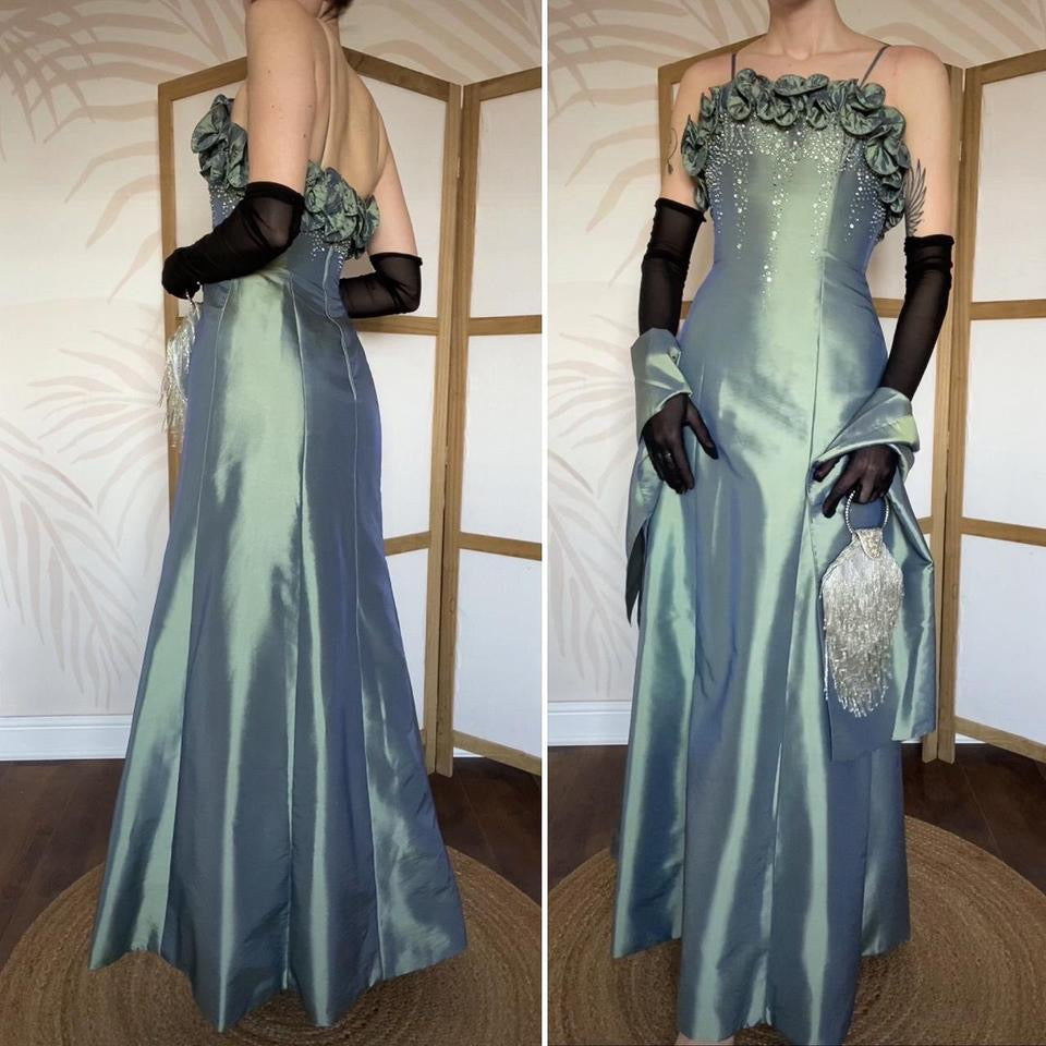 Hilary Morgan green evening dress & shawl UK 8-10