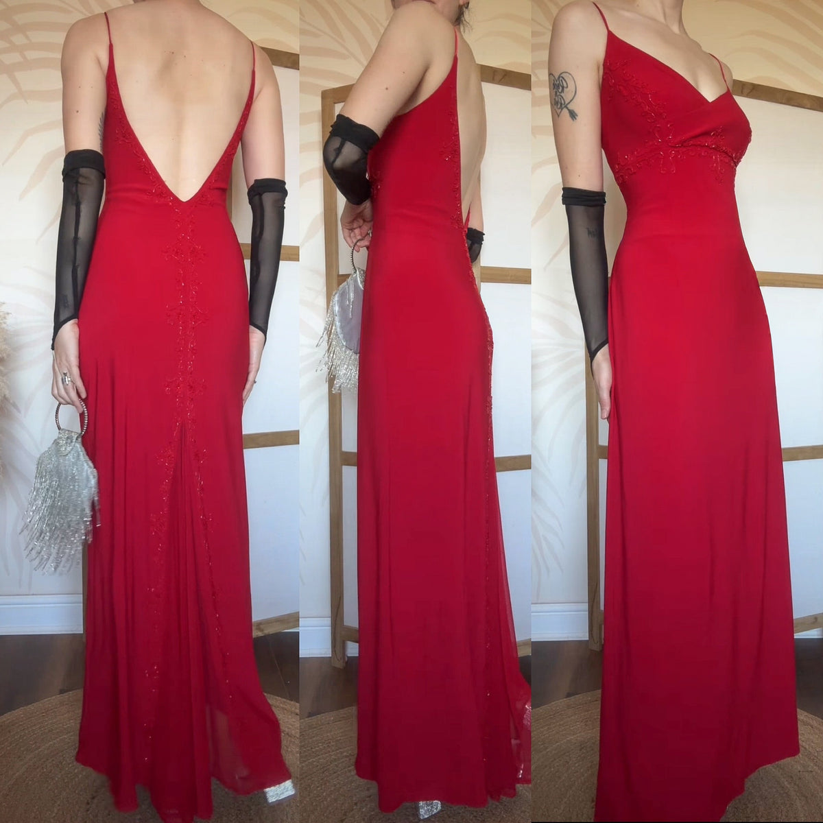 Flori red stretch beaded evening dress UK 14