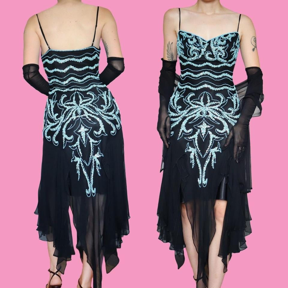 Black evening dress with turquoise beading & shawl UK 12