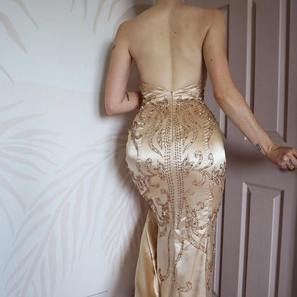 YVE London gold beaded strapless gown & shawl UK 12