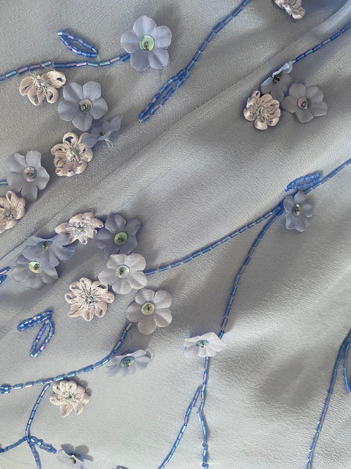 100% silk blue floral beaded evening gown & shawl UK 10