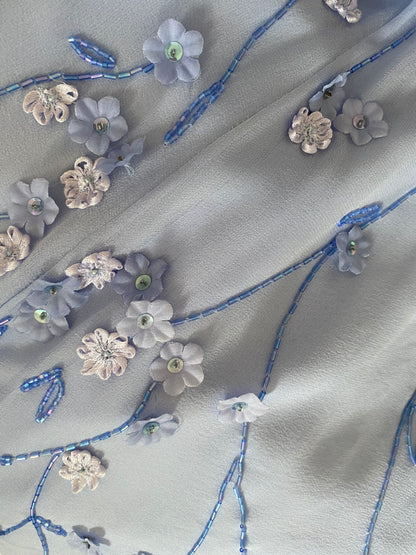 100% silk blue floral beaded evening gown & shawl UK 10