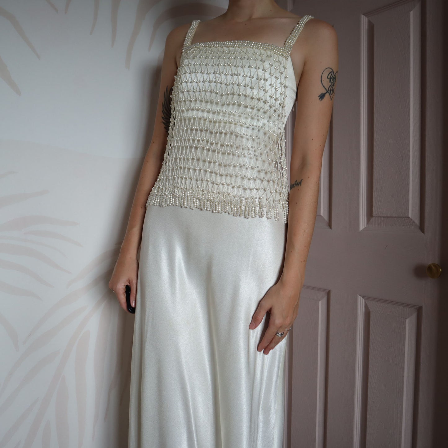 White silky wedding dress with pearl mesh overlay UK 8