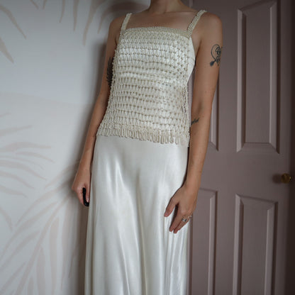 White silky wedding dress with pearl mesh overlay UK 8