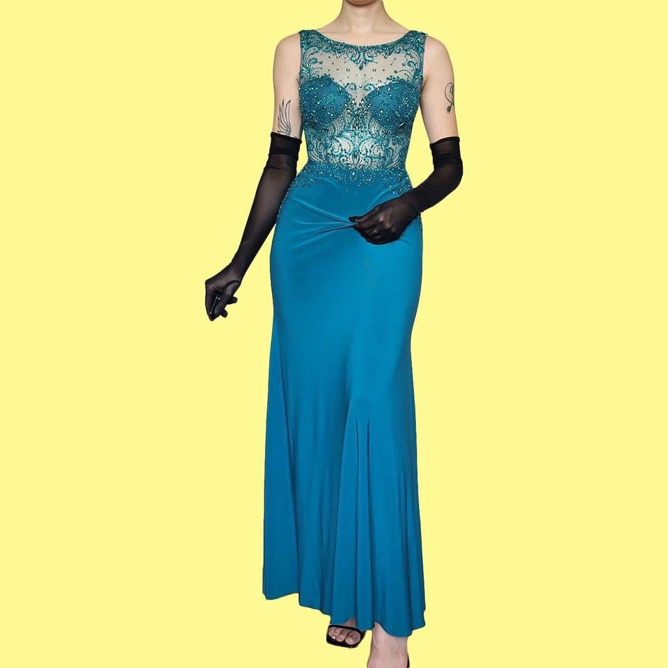 Goya teal gem evening dress & shawl UK 6