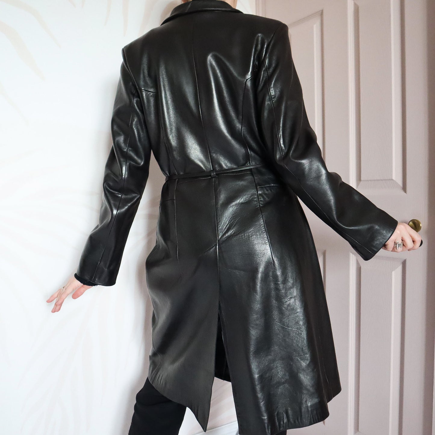 Black real leather long coat with belt UK 12