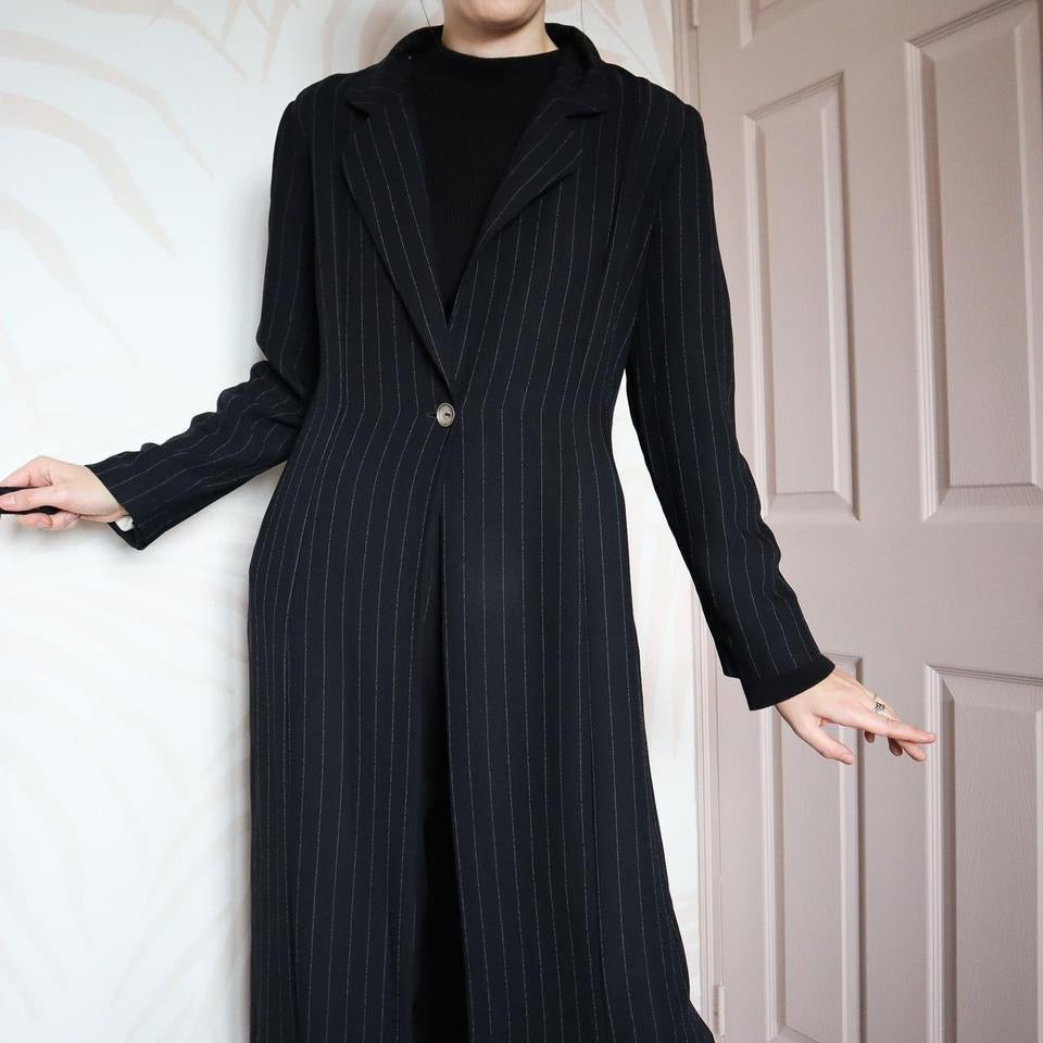 Black vintage Mark Angelo pinstripe long jacket UK 12