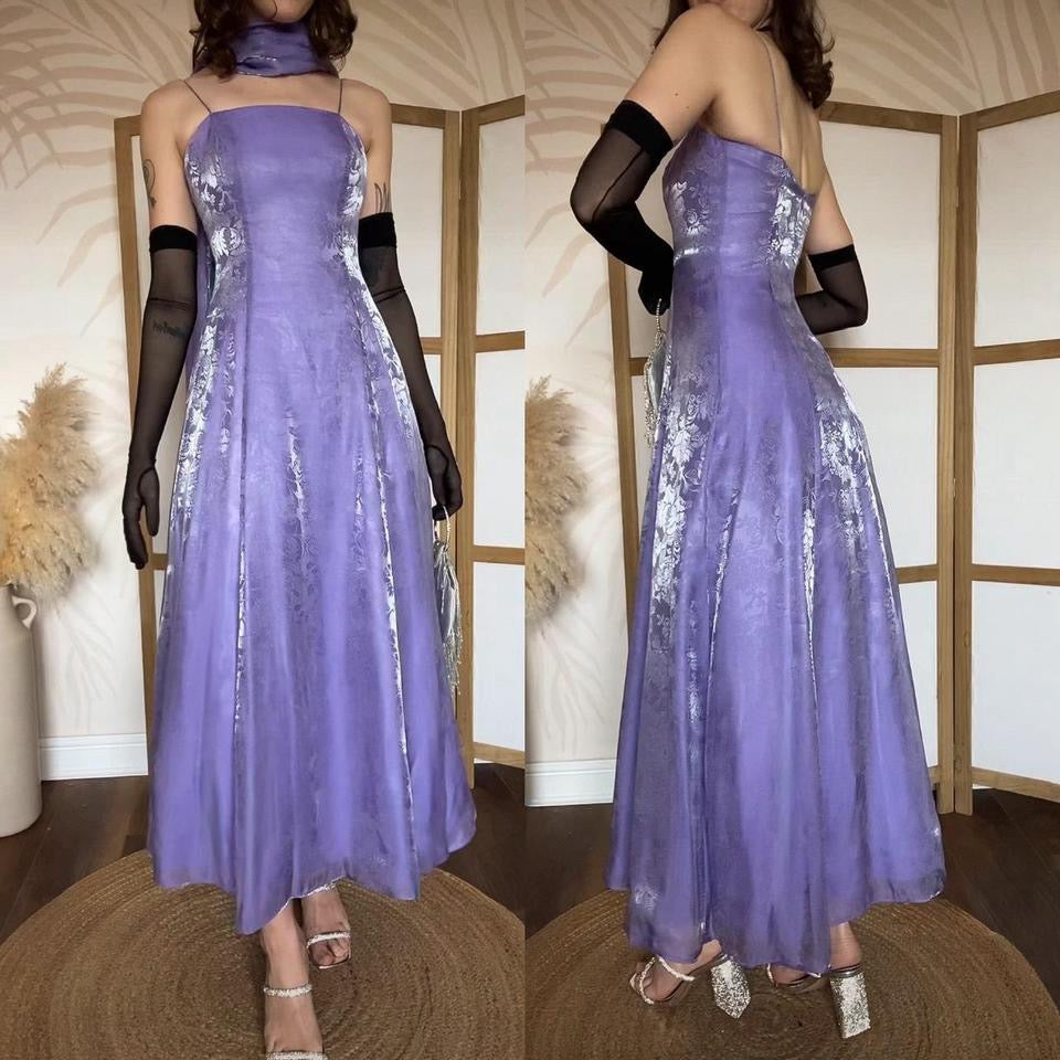 Purple fit & flare floral shimmery evening dress & shawl uk 8