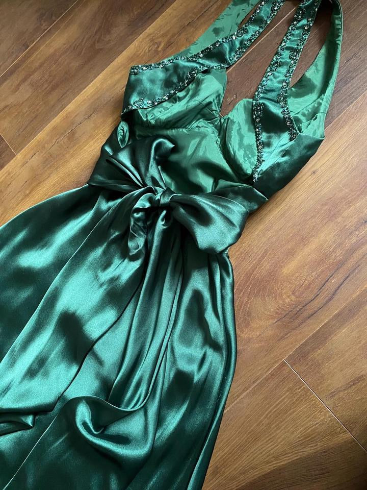 Niki Livas green satin prom dress uk 10