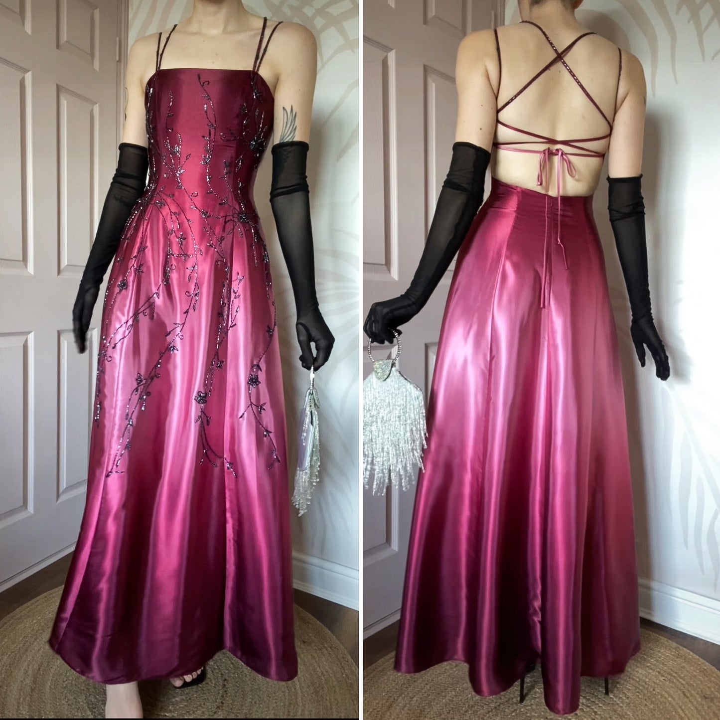 Pink Dave & Johnny satin beaded evening dress UK 8
