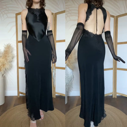 Black lace beaded open back evening dress uk 8