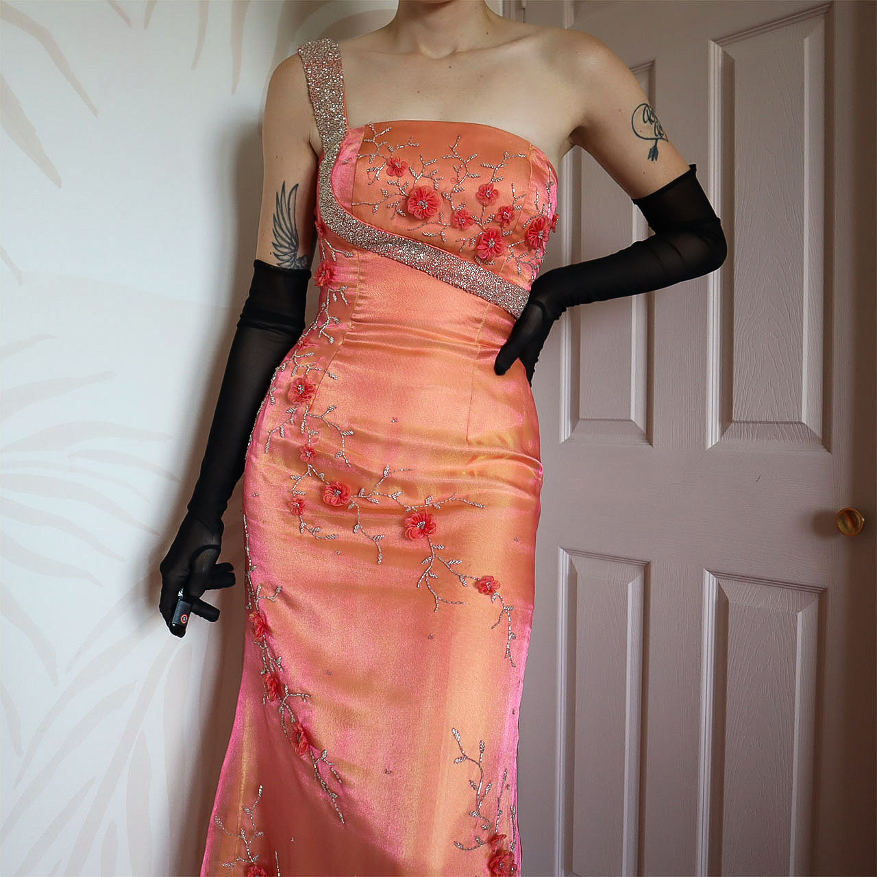 Orange one shoulder beaded floral evening gown UK 8