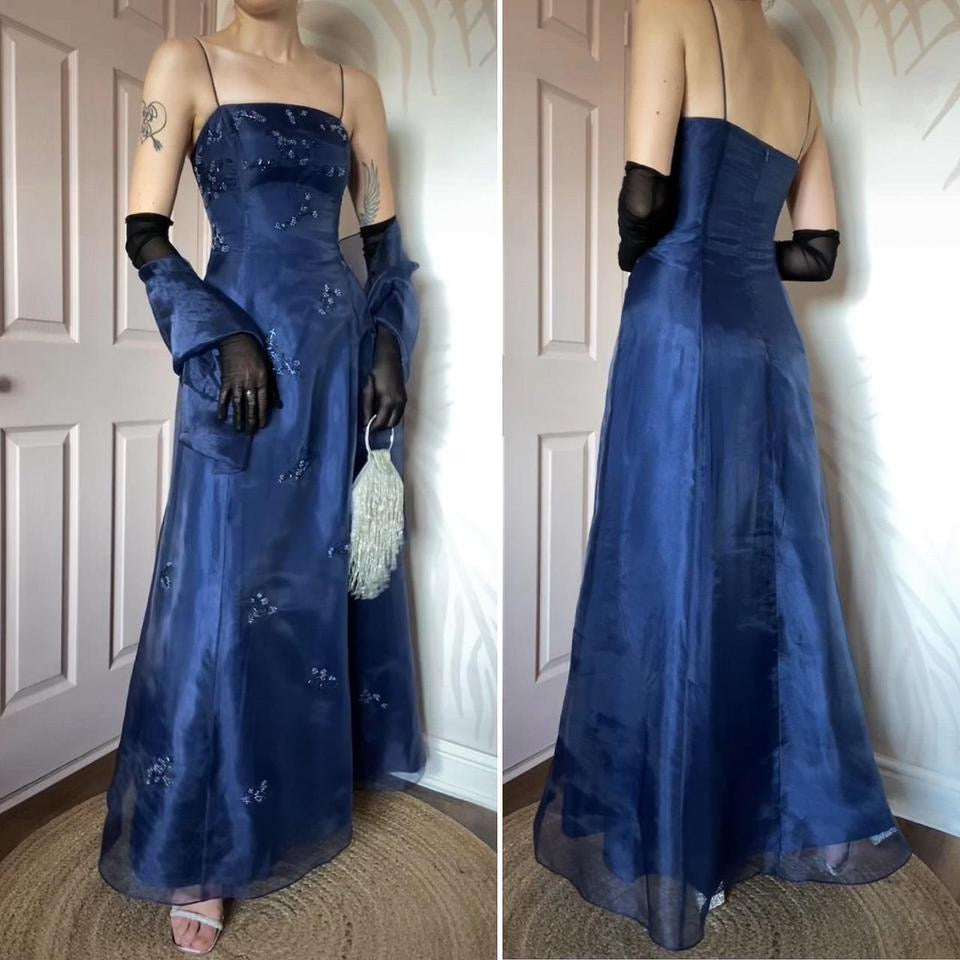 Niki Livas navy organza a-line prom dress UK 12