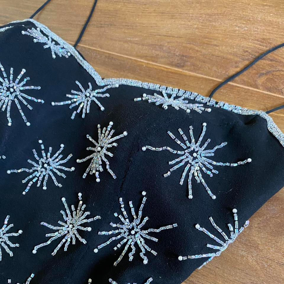 Black 100% silk beaded evening dress uk 10