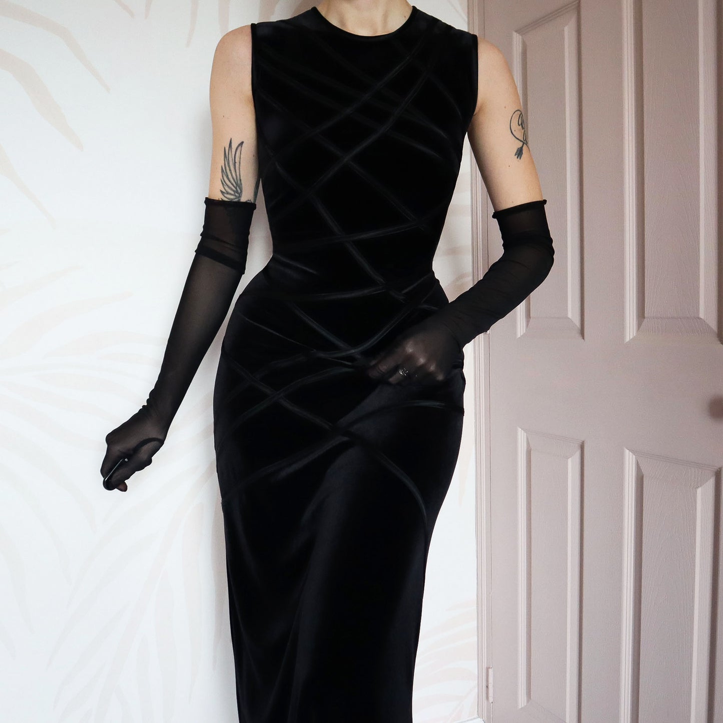 Black velvet stretch evening gown UK 12-14