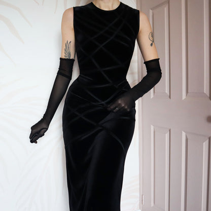Black velvet stretch evening gown UK 12-14