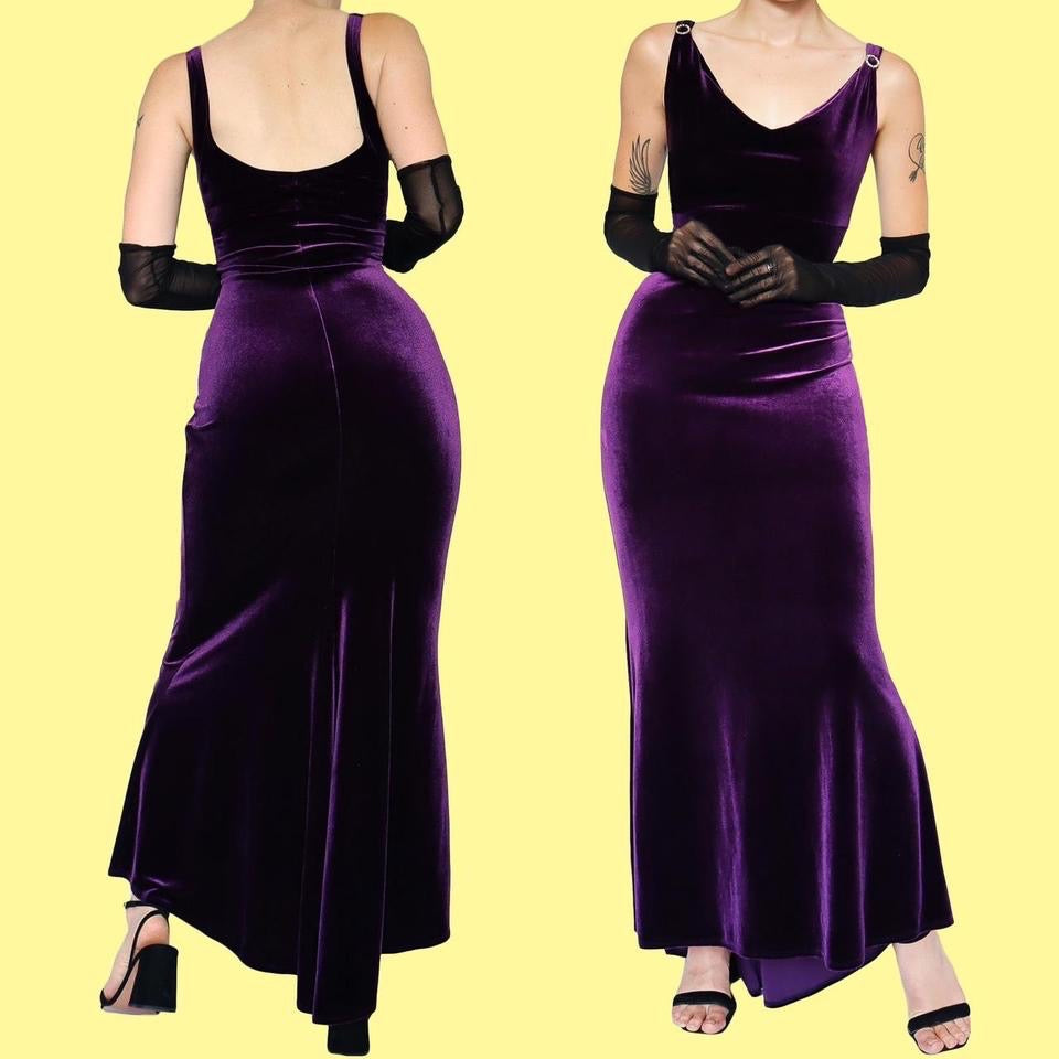 Purple velvet stretch evening dress UK 8-10