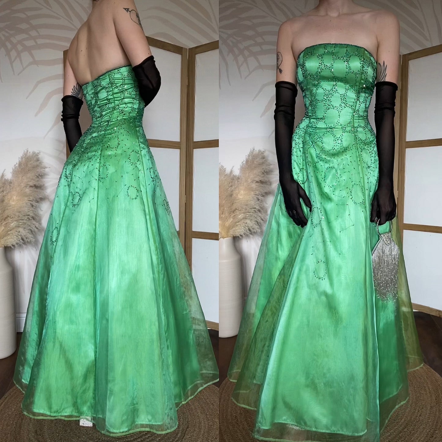 Green strapless beaded prom dress uk 10