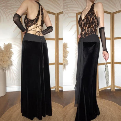 Dave & Johnny black lace & velvet evening dress uk 12