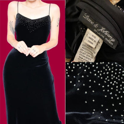 Black velvet beaded evening dress UK 14