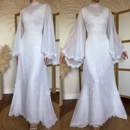 White 70s lace flared sleeve wedding dress uk 10-12
