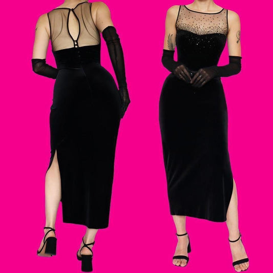 Black velvet beaded evening gown UK 10