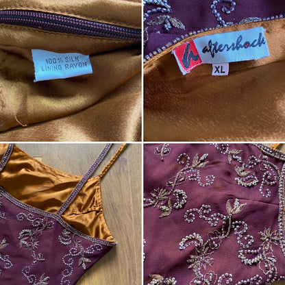 Purple Aftershock silk & bead evening dress uk 14