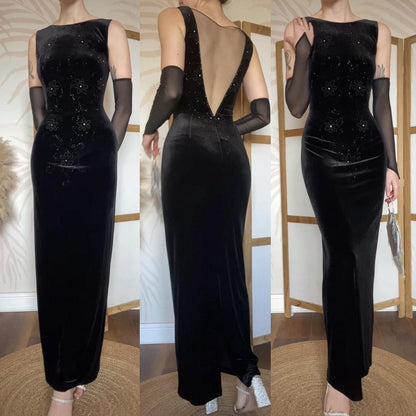Black velvet stretch beaded low back evening dress uk 12-14