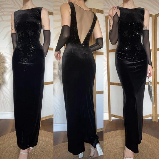 Black velvet stretch beaded low back evening dress uk 12-14