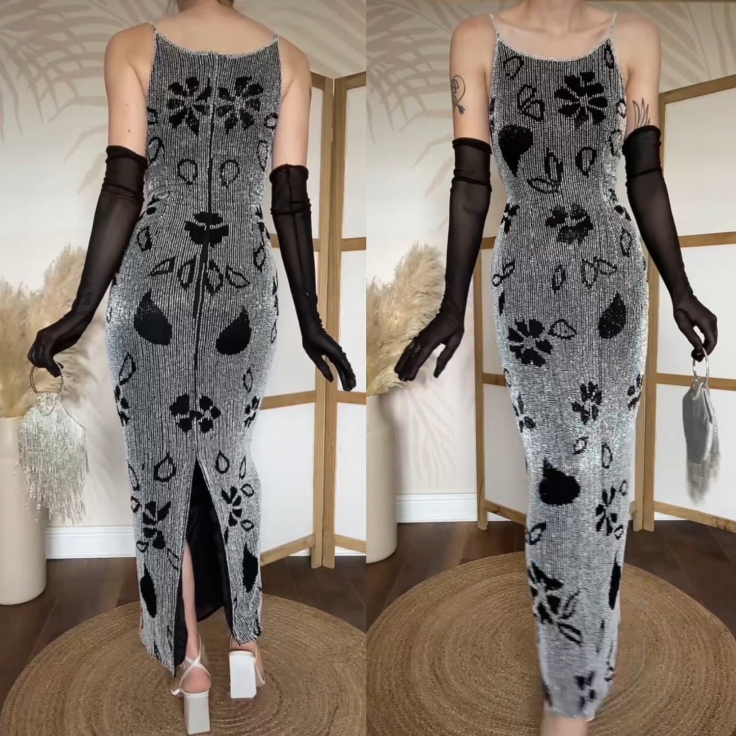 Black & white Serenade silk beaded gown uk 10-12