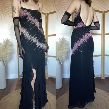 YVE London black & pink beaded evening dress uk 12-14