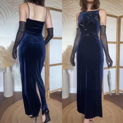 Navy velvet 90s stretch evening dress uk 12