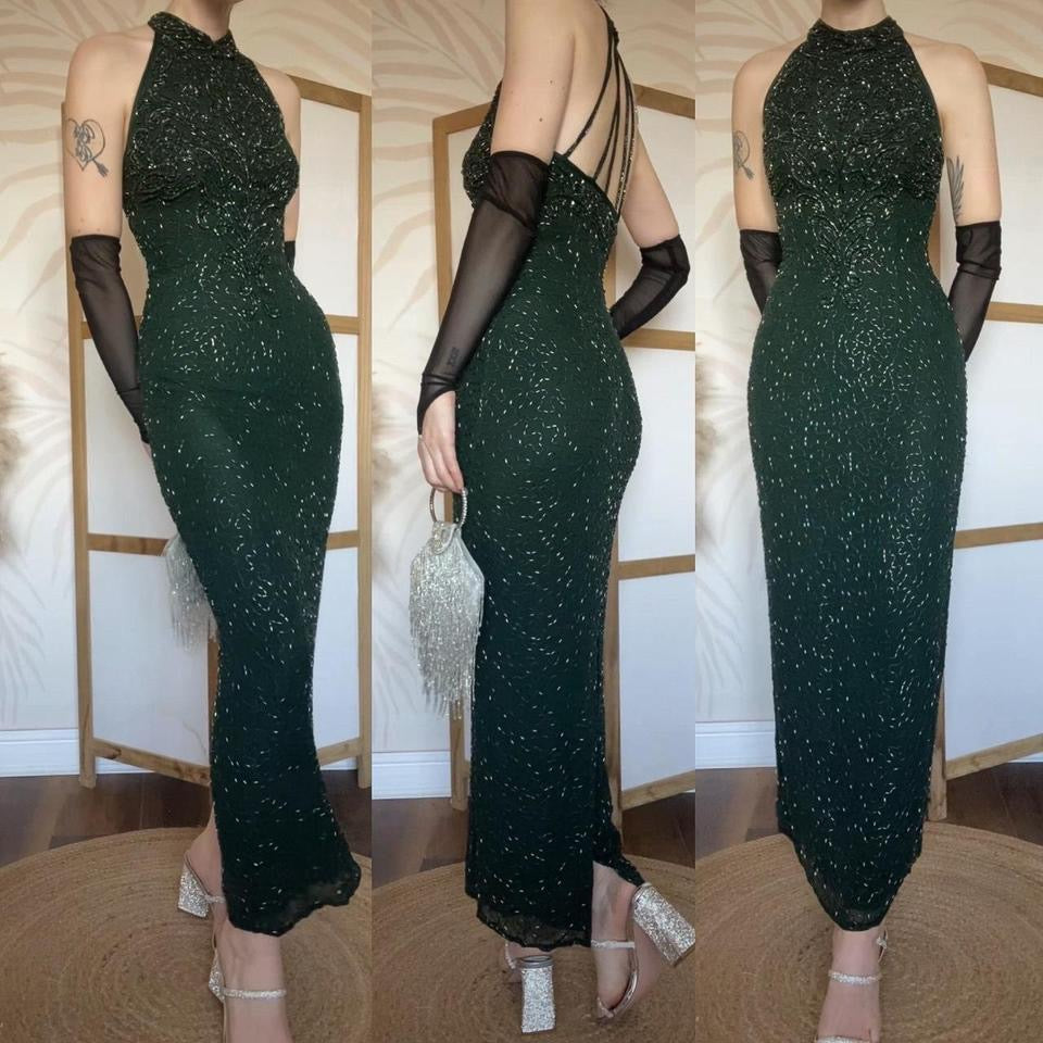 Forest green 100% silk high neck beaded dress uk 10