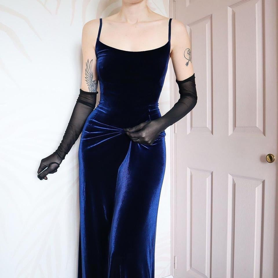 Gina Bacconi navy velvet stretch evening dress UK 12-14