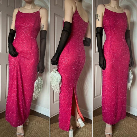 Fuchsia pink Marina beaded evening dress UK 12-14