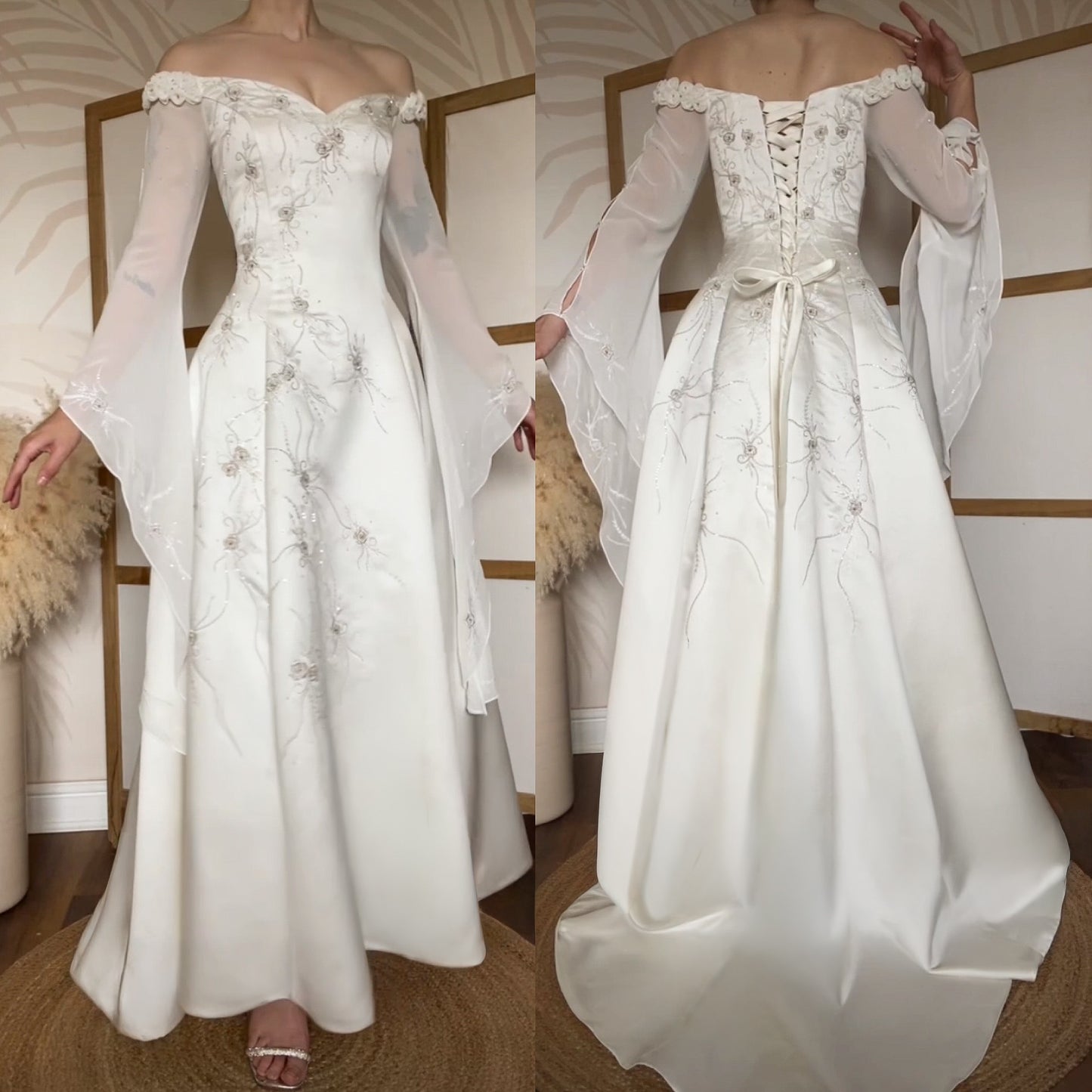 Dreamy off shoulder ivory long sleeve vintage wedding dress uk 12-14