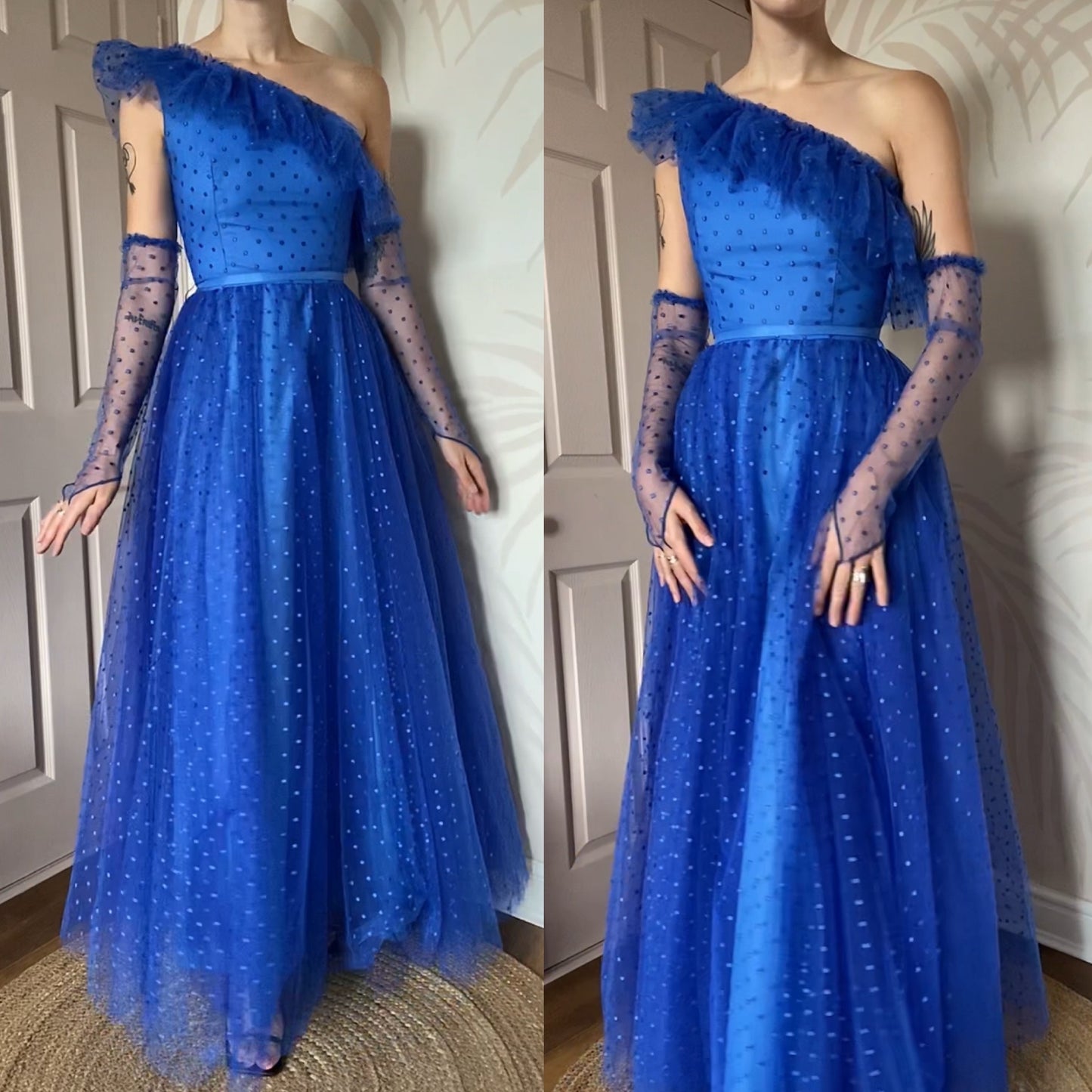 Bright blue 80s polka dot lace one shoulder gown UK 8-10