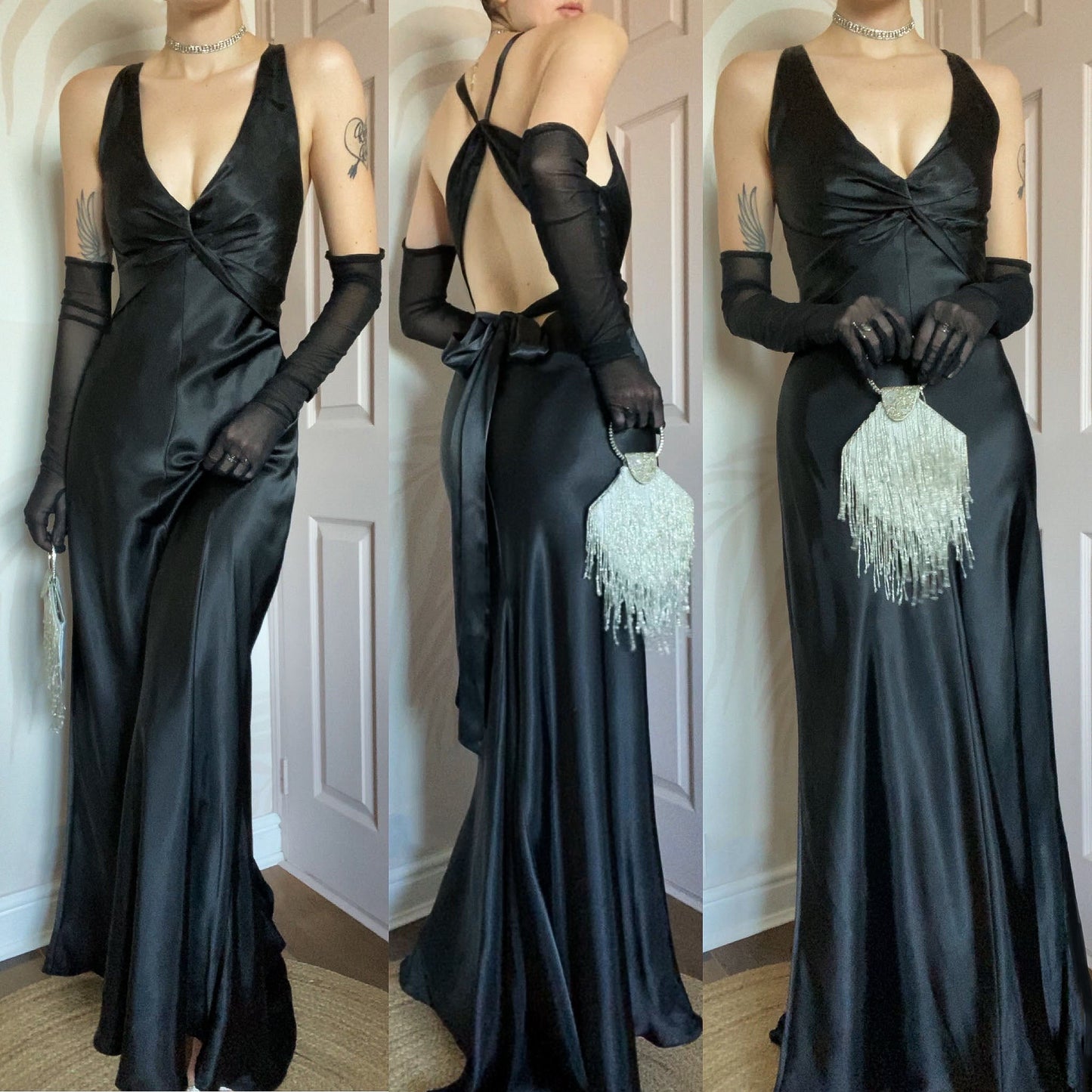 Black satin Betsy & Adam evening gown UK 14