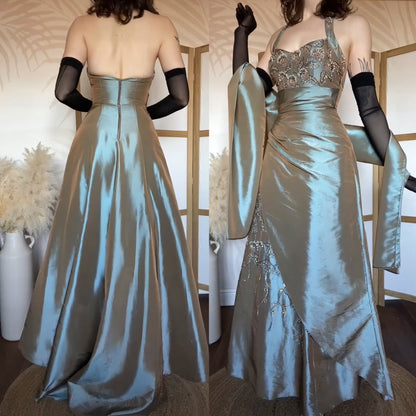 Iridescent grey/green halter prom dress uk 6